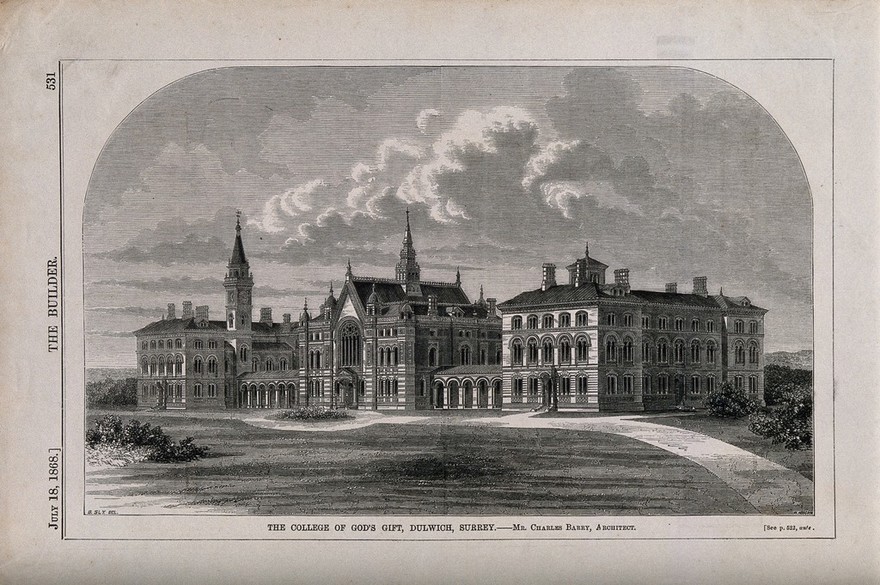 Dulwich College: the buildings of the new school. Wood engraving by W. E. Hodgkin after B. Sly, 1868.