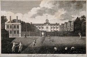 view Dulwich College: the original buildings, with boys playing and sheep grazing in the foreground. Engraving by [J.] Taylor.