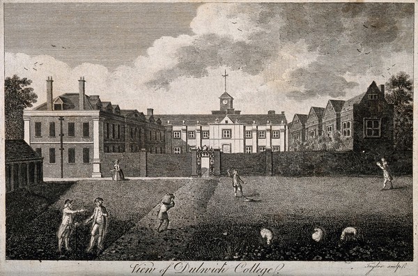 Dulwich College: the original buildings, with boys playing and sheep grazing in the foreground. Engraving by [J.] Taylor.