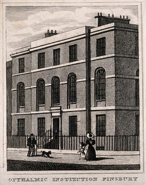 view London Ophthalmic Dispensary, Finsbury. Engraving by J. Shury after T. H. Shepherd.