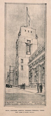 Royal Northern Hospital, Holloway Road, London: a proposed tower for the St. David's wing, Manor Gardens. Process print after C. Holden, 1921.