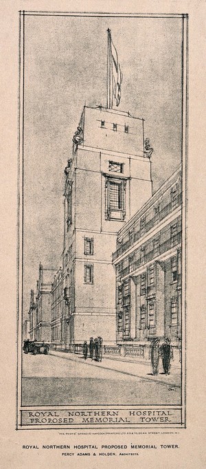 view Royal Northern Hospital, Holloway Road, London: a proposed tower for the St. David's wing, Manor Gardens. Process print after C. Holden, 1921.