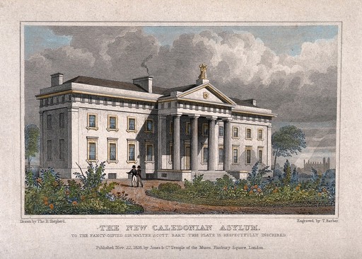 The Royal Caledonian Asylum, Copenhagen Fields, London: the facade. Coloured engraving by T. Barber after T. H. Shepherd, 1828.