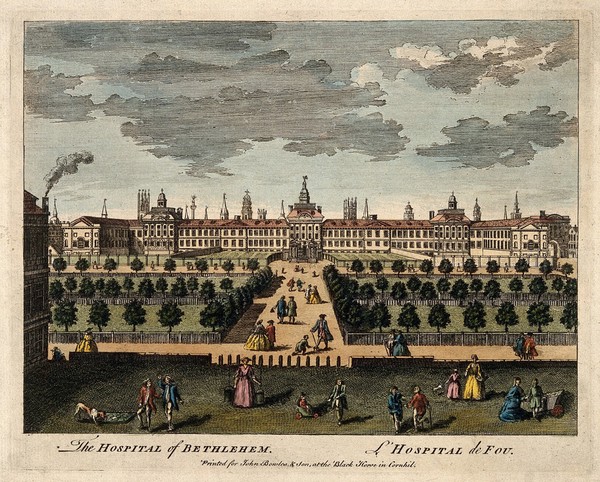 The Hospital of Bethlem [Bedlam] at Moorfields, London: seen from the north, with people in the foreground. Coloured engraving, ca. 1750.
