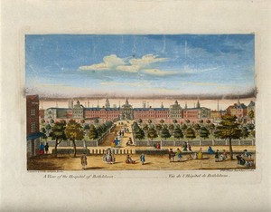 view The Hospital of Bethlem [Bedlam] at Moorfields, London: seen from the north, with people in the foreground. Coloured engraving, c. 1771.