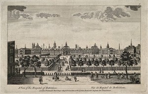 view The Hospital of Bethlem [Bedlam] at Moorfields, London: seen from the north, with people in the foreground. Engraving, c. 1764.