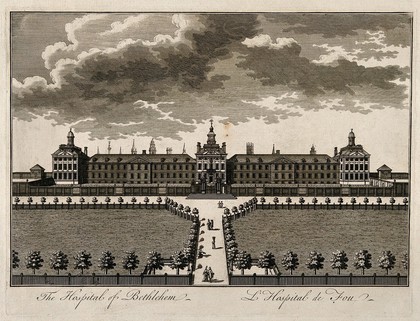 The Hospital of Bethlem [Bedlam] at Moorfields, London: seen from the north, with people walking in the foreground. Engraving by H. Fletcher, 17--.