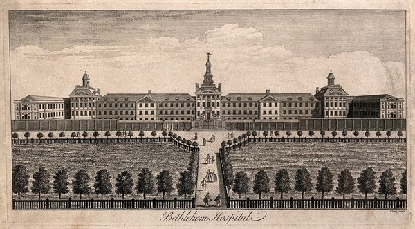 The Hospital of Bethlem [Bedlam] at Moorfields, London: seen from the north, with ladies and gentlemen walking in the foreground, one giving money to a lame man. Engraving by W. H. Toms.