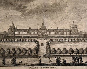 view The Hospital of Bethlem [Bedlam] at Moorfields, London: seen from the south, with people walking in the foreground. Engraving.