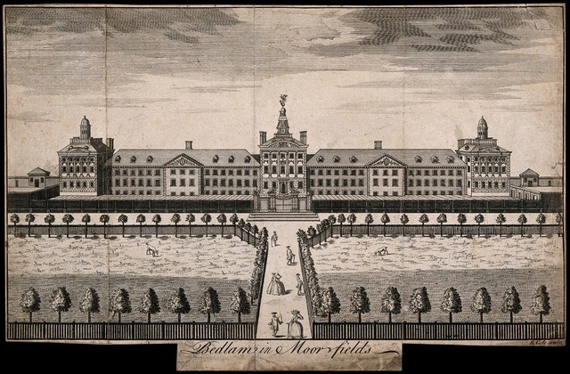 The Hospital of Bethlem [Bedlam] at Moorfields, London: seen from the north, with ladies and gentlemen walking in the foreground. Engraving by B. Cole.