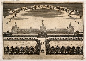 view The Hospital of Bethlem [Bedlam] at Moorfields, London: seen from the north, with people walking in the foreground. Engraving.