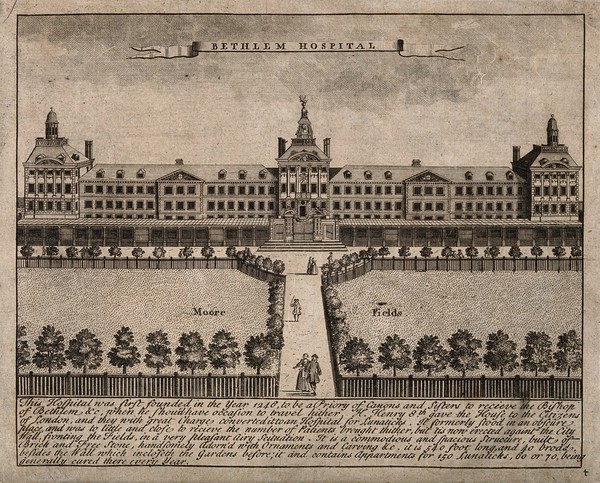 The Hospital of Bethlem [Bedlam] at Moorfields, London: seen from the north, with ladies and gentlemen walking in the foreground. Engraving.