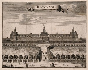 view The Hospital of Bethlem [Bedlam] at Moorfields, London: seen from the north, with people walking in the foreground. Engraving.