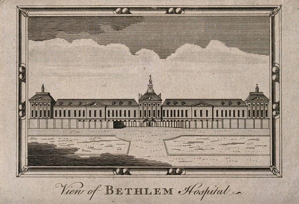 The Hospital of Bethlem [Bedlam] at Moorfields, London: seen from the north. Engraving with trompe l'oeil border.