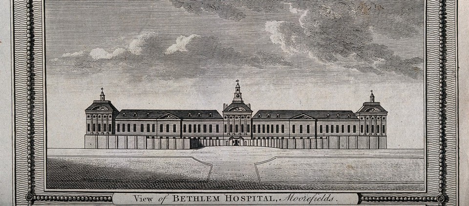 The Hospital of Bethlem [Bedlam] at Moorfields, London: seen from the north. Engraving, 1775.