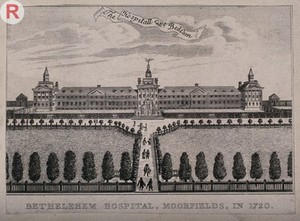 view The Hospital of Bethlem [Bedlam] at Moorfields, London: seen from the north, with figures in the foreground. Engraving.