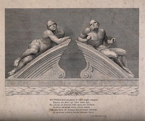 view Statues of "raving" and "melancholy" madness, each reclining on one half of a broken segmental pediment, formerly crowning the gates at Bethlem [Bedlam] Hospital. Engraving by W. Sharp, 1783, after T. Stothard after C. Cibber, 1680.