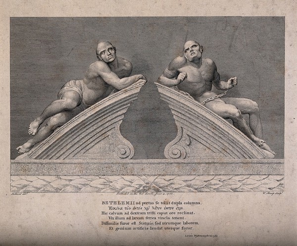 Statues of "raving" and "melancholy" madness, each reclining on one half of a broken segmental pediment, formerly crowning the gates at Bethlem [Bedlam] Hospital. Engraving by W. Sharp, 1783, after T. Stothard after C. Cibber, 1680.