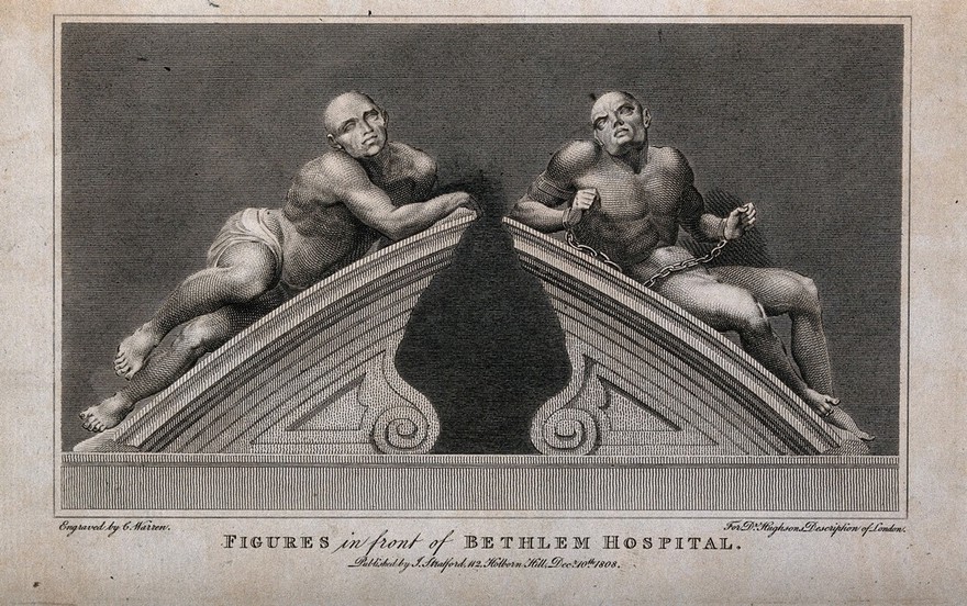 Statues of "raving" and "melancholy" madness, each reclining on one half of a broken segmental pediment, formerly crowning the gates at Bethlem [Bedlam] Hospital. Engraving by C. Warren, 1808, after C. Cibber, 1680.