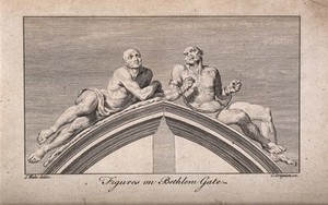 view Statues of "raving" and "melancholy" madness, each reclining on one half of a pediment, formerly crowning the gates at Bethlem [Bedlam] Hospital. Engraving by C. Grignion after S. Wale after C. Cibber, 1680.