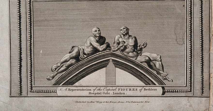 Statues of "raving" and "melancholy" madness, each reclining on one half of a pediment, formerly crowning the gates at Bethlem [Bedlam] Hospital. Engraving, 1784, after C. Cibber, 1680.