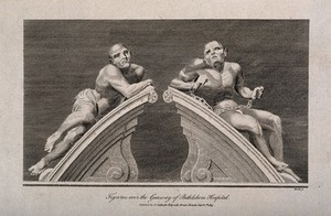 view Statues of "raving" and "melancholy" madness, each reclining on one half of a pediment, formerly crowning the gates at Bethlem [Bedlam] Hospital. Engraving by A. Birrell, 1813, after T. Stothard, 1783, after C. Cibber, 1680.