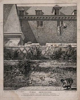 The Hospital of Bethlem [Bedlam] at Moorfields, London: seen from the south, with part of London Wall in the foreground, and a muck-raker scraping at the cobblestones. Etching by J. T. Smith, 1814, after himself, June 1812.