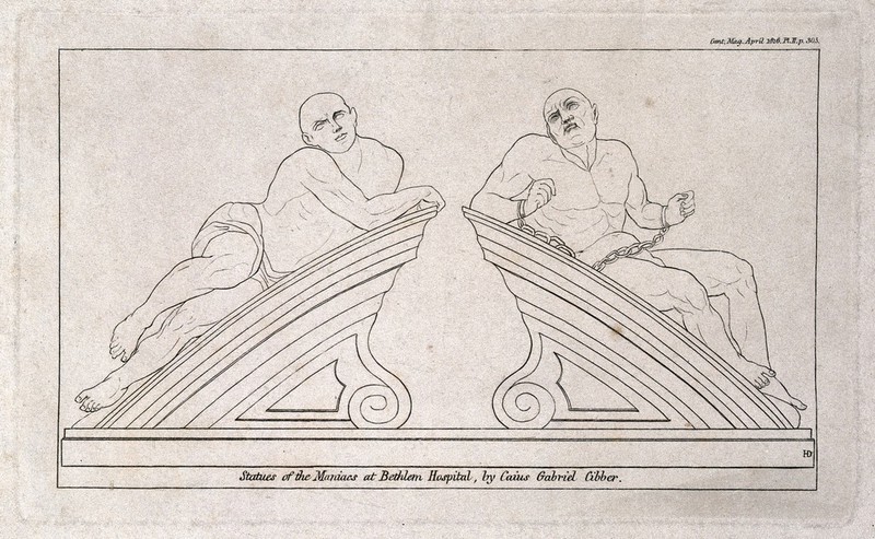 Statues of "raving" and "melancholy" madness, each reclining on one half of a pediment, formerly crowning the gates at Bethlem [Bedlam] Hospital. Engraving in outline by [H.D.], 1816, after T. Stothard, 1783, after C. Cibber, 1680., 1816, by Caius Gabriel Cibber