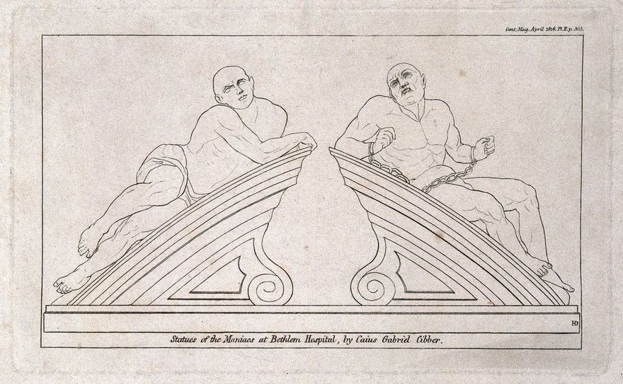 Statues of "raving" and "melancholy" madness, each reclining on one half of a pediment, formerly crowning the gates at Bethlem [Bedlam] Hospital. Engraving in outline by [H.D.], 1816, after T. Stothard, 1783, after C. Cibber, 1680.