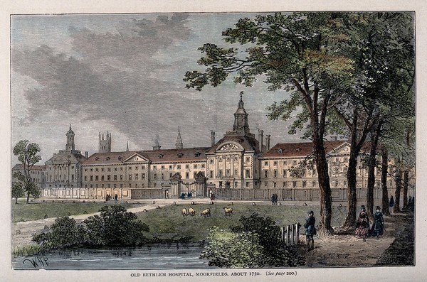 The Hospital of Bethlem [Bedlam] at Moorfields, London: seen from the north, with sheep grazing and people walking in the foreground. Coloured wood engraving by W. H. Prior after an earlier engraving.