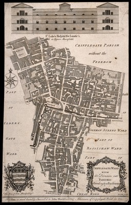 St Luke's Hospital, Cripplegate, London, with a map of Cripplegate Ward and the armorial device of John Blachford. Engraving by B. Cole, 1755.