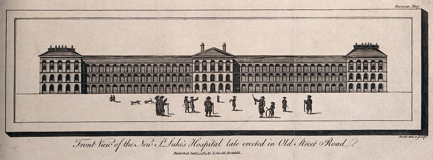 St Luke's Hospital, Cripplegate, London, with a number of figures in the foreground. Engraving by W. Deeble, 1785.