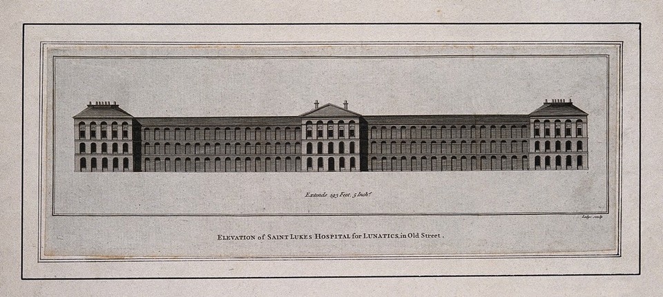St Luke's Hospital, Cripplegate, London. Engraving by J. Lodge.
