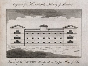 view St. Luke's Hospital, Moorfields, London. Engraving.