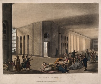 St Luke's Hospital, Cripplegate, London: the interior of the women's ward, with many inmates and a member of staff. Coloured aquatint by J.C. Stadler after A.C. Pugin and T. Rowlandson, 1809.