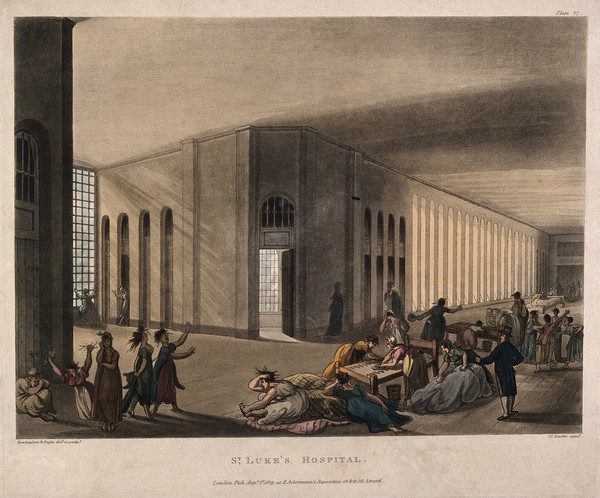 St Luke's Hospital, Cripplegate, London: the interior of the women's ward, with many inmates and a member of staff. Coloured aquatint by J.C. Stadler after A.C. Pugin and T. Rowlandson, 1809.