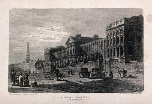 St Luke's Hospital, Cripplegate, London: the facade from the east. Engraving by R. Sands, 1815, after T. H. Shepherd.