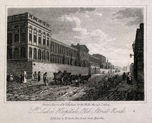 view St Luke's Hospital, Cripplegate, London: the facade from the west. Engraving by T. Higham, 1817, after himself.