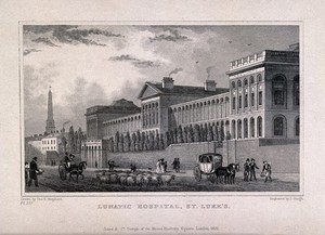 view St Luke's Hospital, Cripplegate, London: the facade from the east. Engraving by J. Gough, 1831, after T. H. Shepherd, 1815.