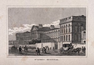 view St Luke's Hospital, Cripplegate, London: the facade from the east. Engraving, 1834, after T. H. Shepherd, 1815.