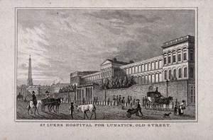 view St Luke's Hospital, Cripplegate, London: the facade from the east. Engraving after T. H. Shepherd.