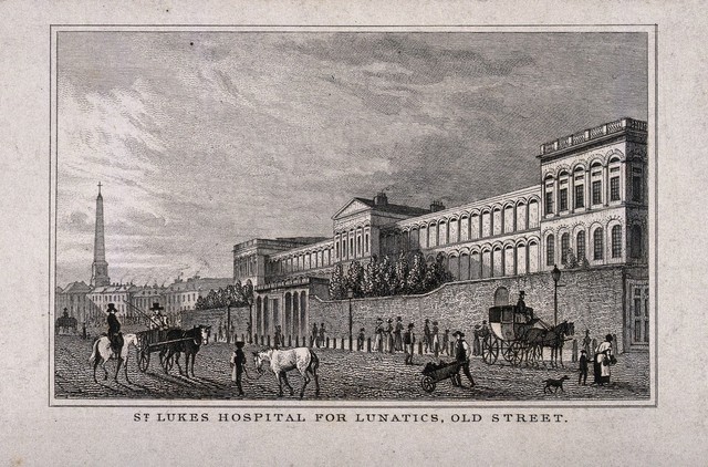 St Luke's Hospital, Cripplegate, London: the facade from the east. Engraving after T. H. Shepherd.