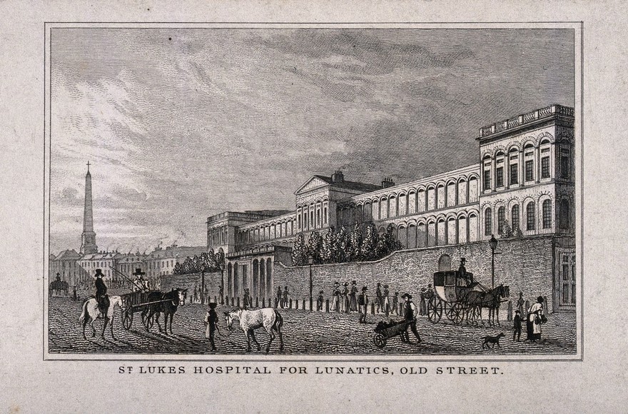 St Luke's Hospital, Cripplegate, London: the facade from the east. Engraving after T. H. Shepherd.
