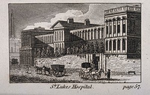 view St Luke's Hospital, Cripplegate, London: the facade from the east. Engraving, 1818, after T. H. Shepherd, 1815.