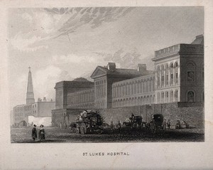 view St Luke's Hospital, Cripplegate, London: the facade from the east. Engraving after T. H. Shepherd.