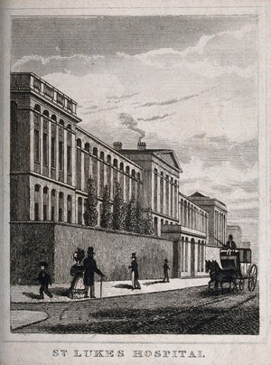 view St Luke's Hospital, Cripplegate, London: the facade from the west. Engraving.