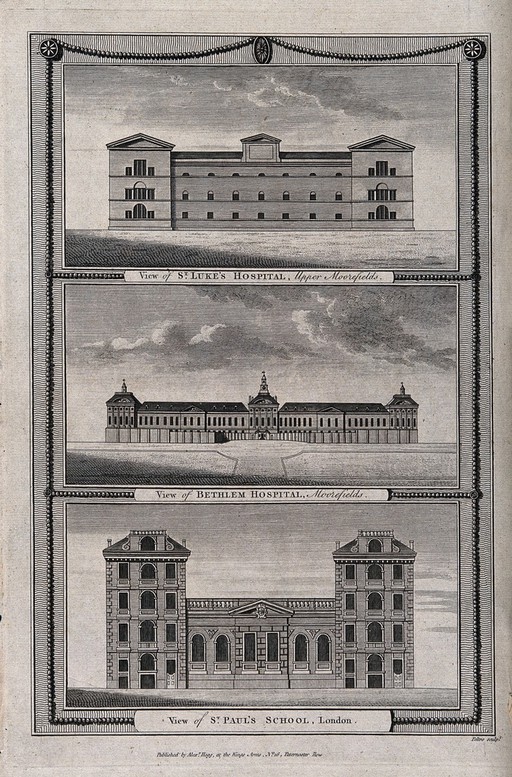 St. Luke's Hospital, Moorfields (top), Bethlem Hospital (middle), and St. Paul's School (bottom), London: the facade of each. Engraving by J. Peltro.
