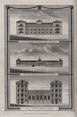 St. Luke's Hospital, Moorfields (top), Bethlem Hospital (middle), and St. Paul's School (bottom), London: the facade of each. Engraving by J. Peltro.