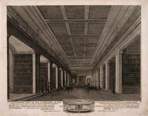 view The London Institution: the interior of the library, with a vignette of the lecture theatre. Engraving by H. R. Cook after R. B. Schnebbelie, 1820.