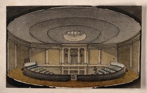 view The London Institution, Moorfields: the interior of the lecture theatre. Watercolour by R. B. Schnebbelie, [1820].